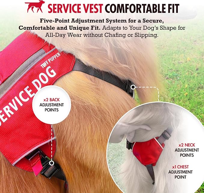 Tuff Pupper Service Dog Vest with ID Pocket | No Leash Attachment | Quick-Release Magnetic Buckles | Reflective Trim | Adjustable Fit | Comfortable & Durable | Designed for Small Dogs (Red, Medium)