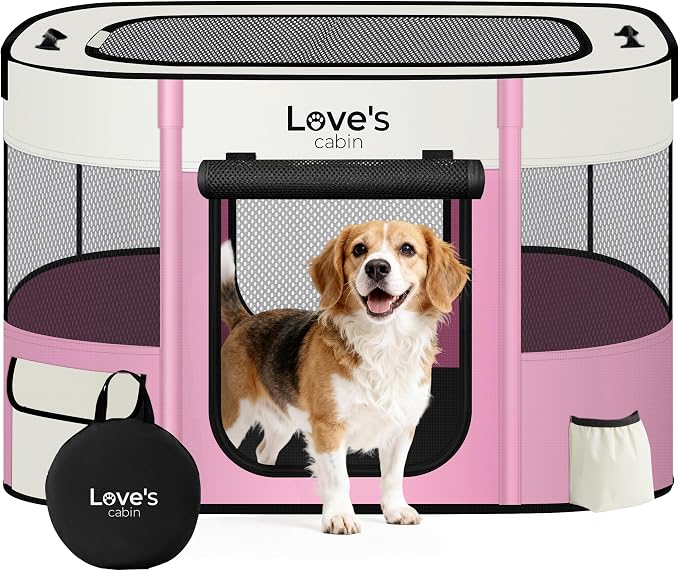 Love's cabin Pet Puppy Dog Playpen, Large Dog Tent Crates Cage Indoor/Outdoor, Portable Exercise Playpen for Cat, Foldable Pop Up Dog Kennel Playpen with Carring Case (L, Light Pink)