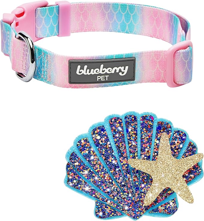 Blueberry Pet Summer Sparkle Dog Collar, Adjustable Medium Size, Neck 14.5"-20", Pink and Blue, Ocean Mermaid Scales Print Nautical Pet Collar with Detachable Seashells Accessory