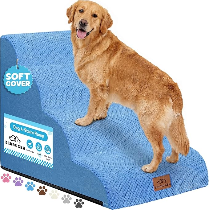 Zerbuger Dog Ramp and Stair for Bed 16" H-20 H,3-Step Cat Stair for Sofa and Chair,4-Step Dog Ramp for High Bed and Window,Durable Nonslip Fabric Cover for Indoor (Blue-20“H, Pet Friendly, 4)