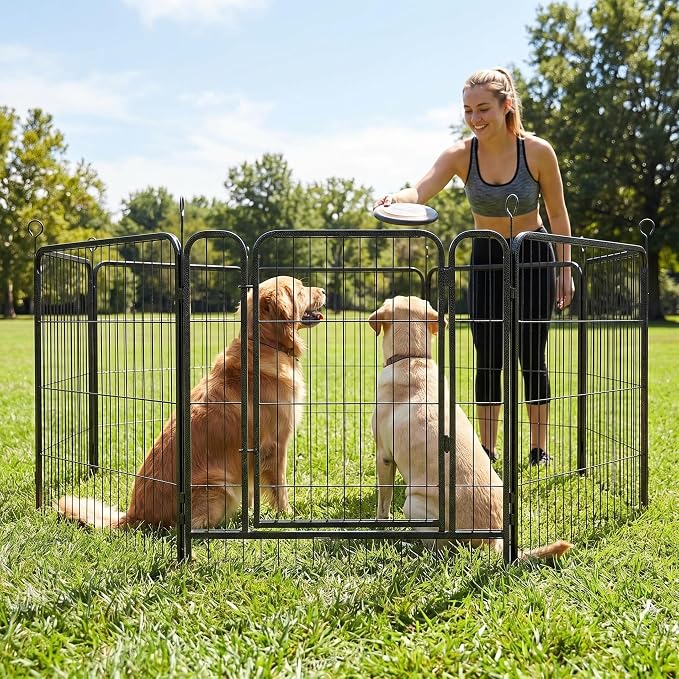 Dog Playpen, 8-Panel Hexagonal Pet Pen, Black, Stainless Steel, 27x40 Inch, Outdoor Use (8 Playpen, 27''W-40''H)