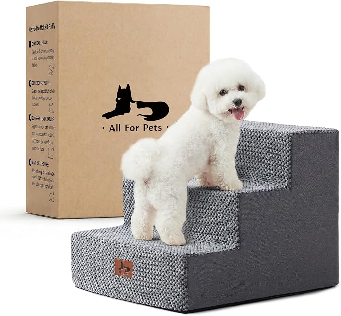 Dog Stairs for Small Dogs, 3-Step 13.5" H Ramp for Couch and Bed, Non-Slip Foam Pet Stairs for Indoor Living Room Bedroom Side, Grey