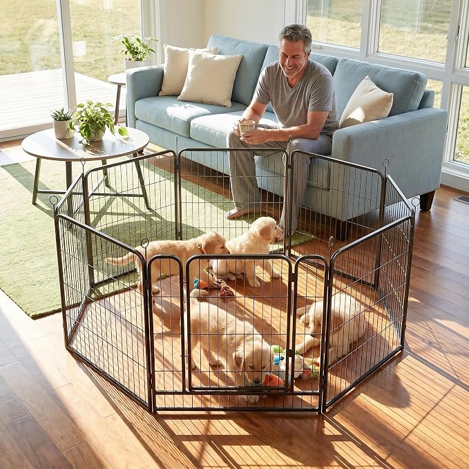 Dog Playpen, 8-Panel Hexagonal Pet Pen, Black, Stainless Steel, 27x32 Inch, Outdoor Use (8 Playpen, 27''W-32''H)