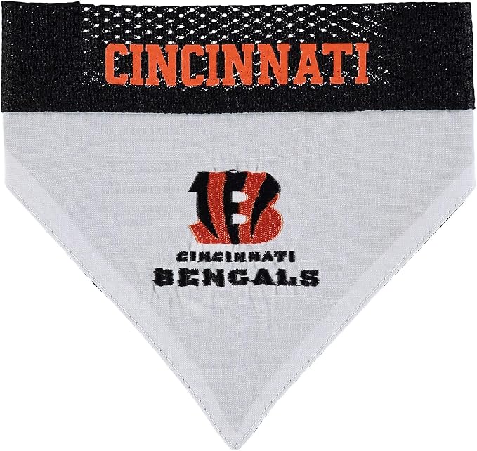 NFL DOG BANDANA - CINCINNATI BENGALS REVERSIBLE PET BANDANA. 2 Sided Sports Bandana with a PREMIUM Embroidery TEAM LOGO, Small/Medium. - 2 Sizes & 32 NFL Teams available