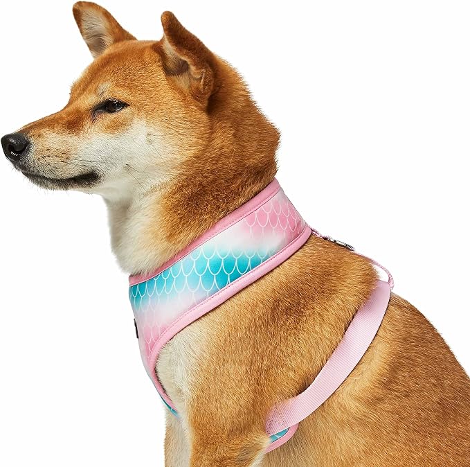 Blueberry Pet Summer Sparkle Dog Harness Vest, Adjustable Small Size, Chest Girth 16" - 21", Pink and Blue, Ocean Mermaid Scales Print Nautical Pet Harness