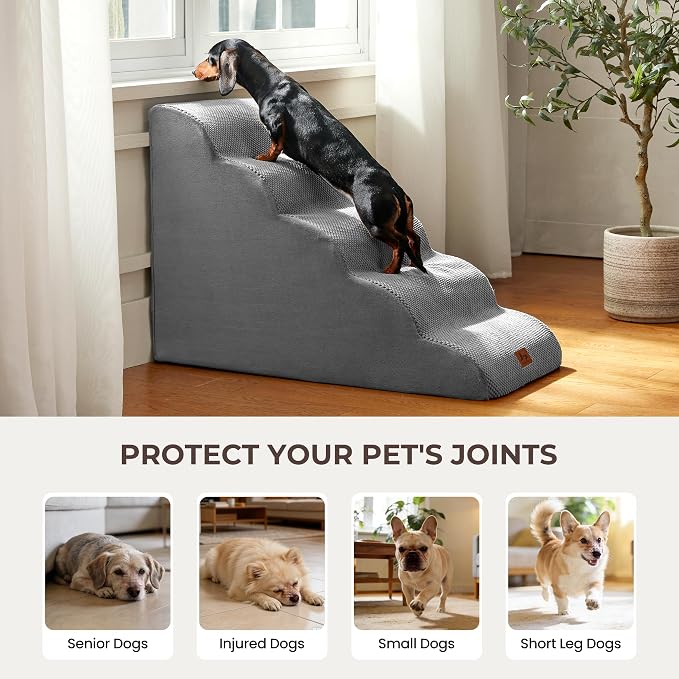 Dog Stairs for High Bed 22.6" H, 5-Step Dog Steps for Small Dogs and Cats, Pet Steps Ramp for Couch Sofa, Non-Slip Stable Indoor Pet Ladder with High Density Foam, Grey
