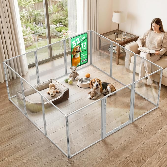 FXW AuraSpace Pro Acrylic Indoor Dog Playpen, Heavy-Duty with Metal Frame, 32" Height 12 Panels for Small and Medium Dogs, White│Patented