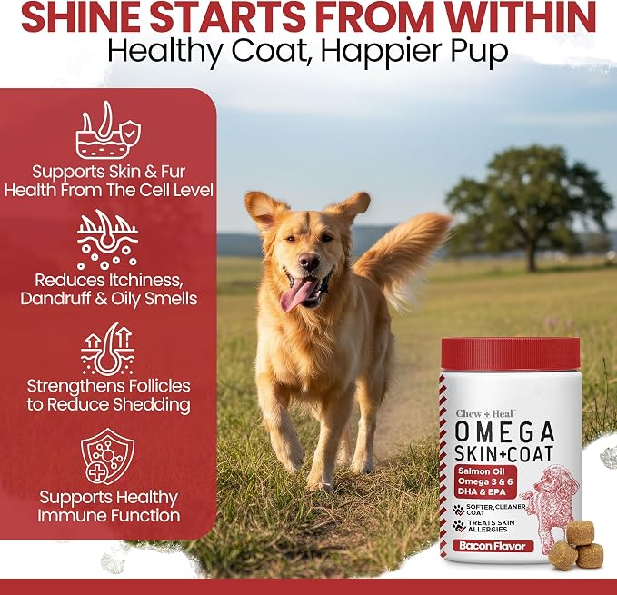 Omega 3 Fish Oil for Dogs, Bacon Flavor - 180 Soft Chews for Skin and Coat
