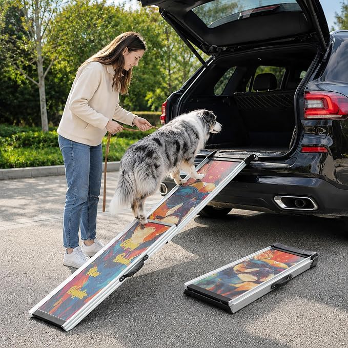 Aluminum Dog Ramp for Car, 64" x 17" Telescoping Pet Ramp for Large Dogs, Portable Dog Car Ramp with Non-Slip Sandpaper Surface, Outdoor Dog Ramp Up to 330 lbs, for Cars SUVs Trucks