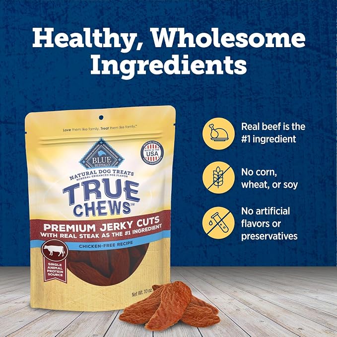 Blue Buffalo True Chews Premium Jerky Cuts with Real Steak, Chicken-Free Natural Dog Treats, Mineral-Enhanced for Flavor, 10 oz. Bag