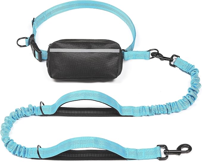 iYoShop Hands Free Dog Leash with Zipper Pouch, Large, 25-120 lbs, Blue | Waist Leash, Dual Padded Handles, Shock-Absorbing Bungee, Adjustable Waist Belt, Walking and Running