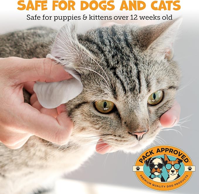 Pack Approved Advanced Ear Wipes for Dogs & Cats with Aloe Vera - Gentle, Non-Irritating Ear Cleaner for Cats and Dogs - Helps Deodorize and Remove Ear Wax - Cucumber Melon Scent (100 Wipes)