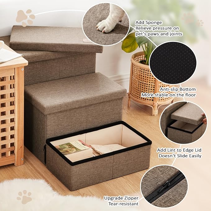 Love's cabin Dog Stairs for High Bed 18" H, Foldable Pet Stairs for Small Medium or Large Dogs Puppy with Storage for Bed or Couch, Cat Dog Steps Ramp with Zip up to 200 lbs, Light Brown, 3 Steps