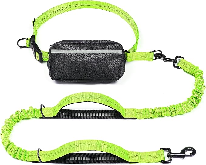 iYoShop Hands Free Dog Leash with Zipper Pouch, Large, 25-120 lbs, Green | Waist Leash, Dual Padded Handles, Shock-Absorbing Bungee, Adjustable Waist Belt, Walking and Running