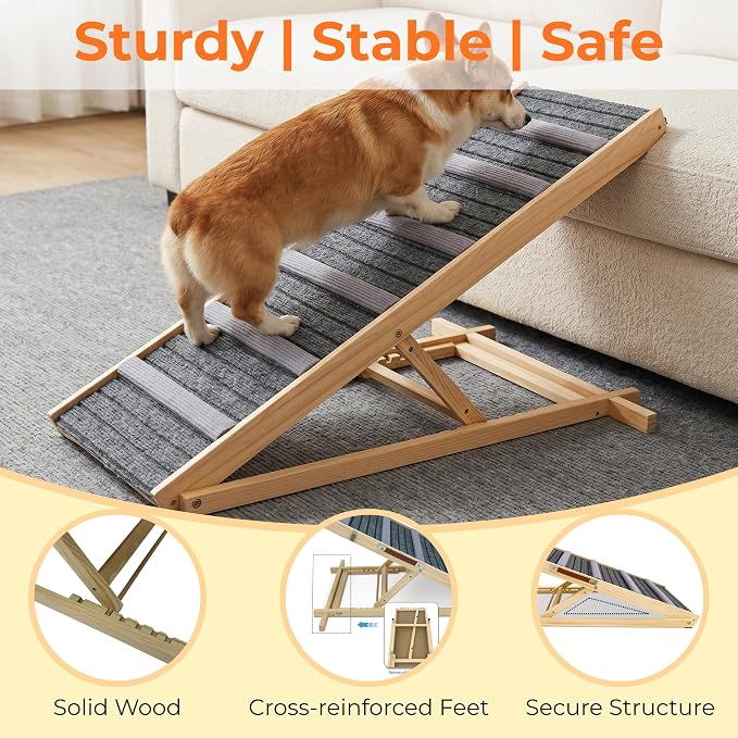 Dog Ramp for Couch and Bed, Portable Pet Ramp with 6 Adjustable Heights (14''-25''), Stable Pine Wood Pet Steps with Non-Slip Surface for Small Dogs and Cats
