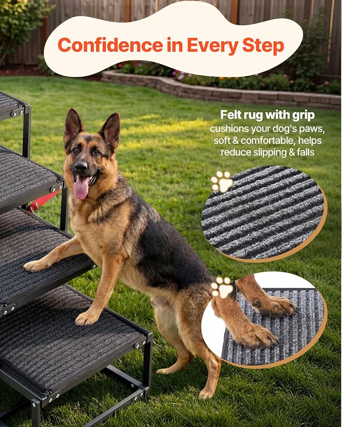 VEVOR Dog Stairs for Car, 4 Steps Extra Wide Foldable Dog Ramp for Large Dogs with Non-Slip Rug Surface, Portable Lightweight Pet Ladder for Car, SUV, Truck, High Beds, Sofas, Support up to 200 lbs
