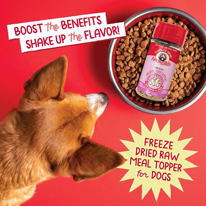 Charlee Bear Necessities Freeze Dried Dog Food Topper, Skin and Coat Support, Grain Free, High Protein, Limited Ingredient Meal Toppers for Dogs, Pork Recipe, 5 Ounce