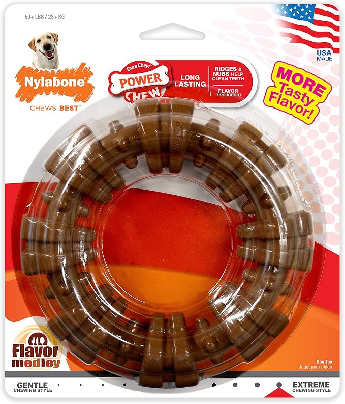 Nylabone Textured Ring Power Chew Toy for X-Large Dogs 50+ lbs | Durable dog toys for aggressive chewers, strong dog chew bones, flavor medley, textures help clean teeth