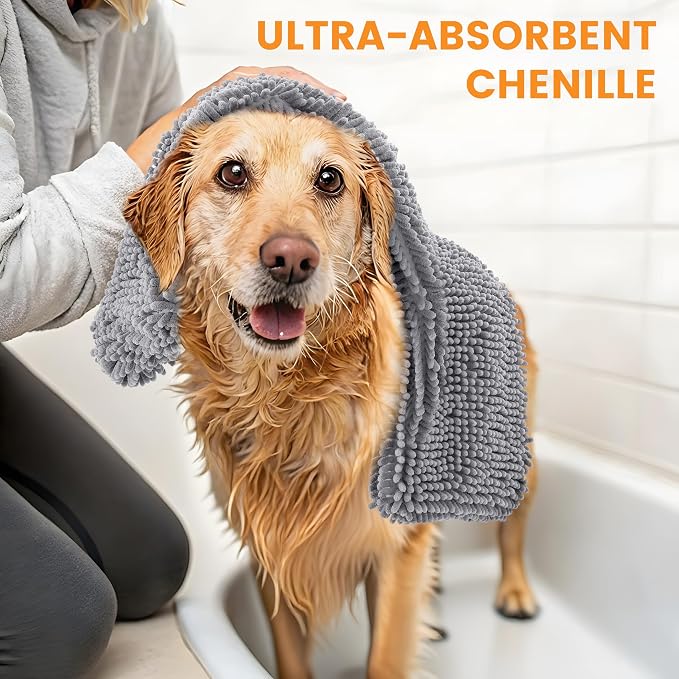 Smiry Chenille Dog Drying Towel, Extra Absorbent Bath Towel for Mud Dogs, Ultra Soft Quick Dry Pet Wash Mitt for Bathing, Grooming and Post-Walk Cleaning (31x13 Inches, Grey)