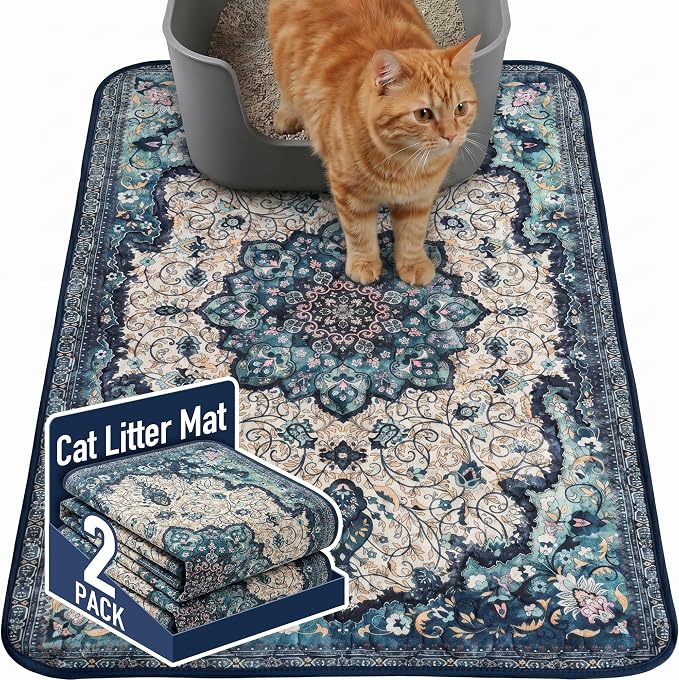 Hompet Cat Litter Mat 2 Pack, 24x36 Large Machine Washable Trapping Mats for Cats, Super Absorbent & Urine-Proof Cat Litter Box Mat for Floor, Waterproof & Non Slip Kitty Litter Rug