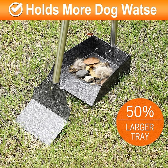 Pooper Scooper, Metal Aluminum Tray and Spade Poop Scoop Set with Adjustable Stainless Steel Long Handle, Pet Waste Removal Heavy Duty Poop Scooper (Tray&Spade, Small)