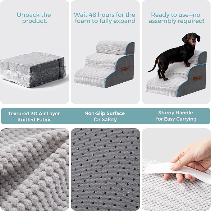 Dog Stairs, Steps and Ramp for High Bed & Sofa, 13-24" H Detachable Pet Stairs for Small Medium Dogs, Sturdy 40D Foam, Non-Slip, Washable Cover with Lint Roller, Grey