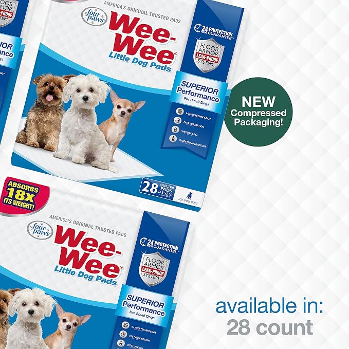 Four Paws Wee-Wee Superior Performance Unscented Little Pee Pads for Small Dogs, Leak-Proof Dog Housebreaking Potty Training Floor Protection, 16.5"x23.5", 28 Count