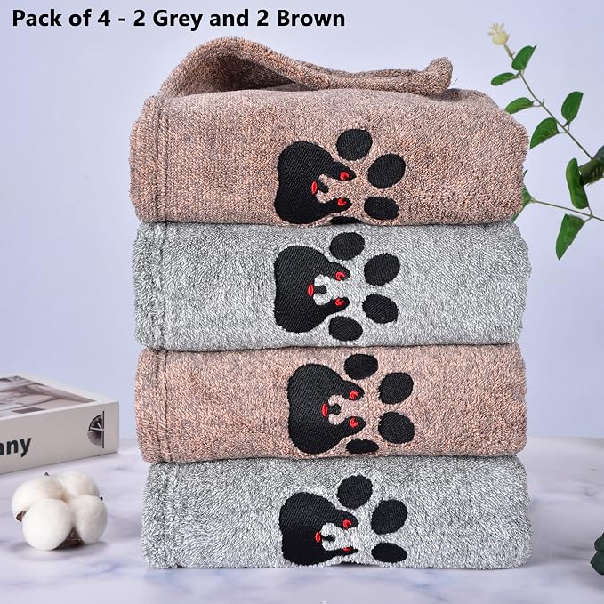 Dogvingpk Medium Dog Towel 4 Pack, Super Absorbent Soft Quick Drying Microfiber Pet Bath Towels for Medium & Small Dogs (M-36" * 28", 2Grey and 2Brown)