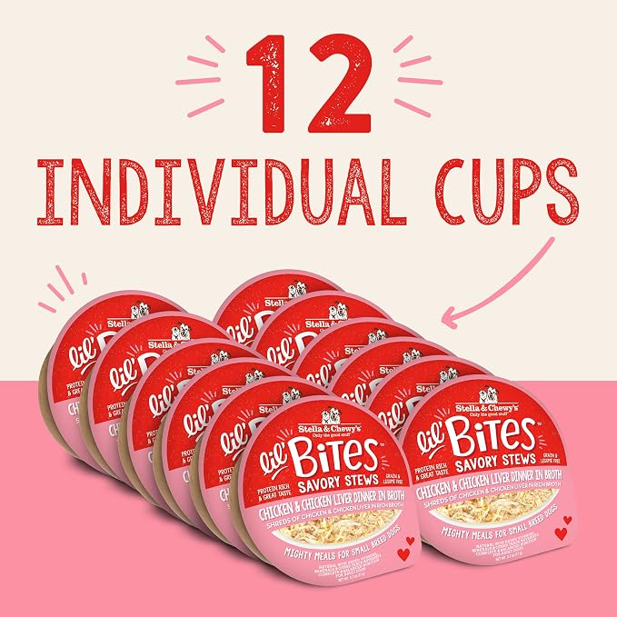 Stella & Chewy's Lil Bites Savory Stews for Small Breeds Chicken & Chicken Liver Dinner in Broth,2.7 oz. Cups,(Pack of 24)