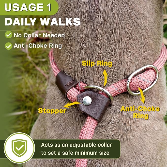Fida Durable Slip Leads for Dogs, 6 FT x 3/8" Heavy Duty Dog Loop Leashes, Comfortable Strong Rope Slip Leash for Small Dogs and Puppies, No Pull Pet Training Lead with Highly Reflective(3/8", Pink)