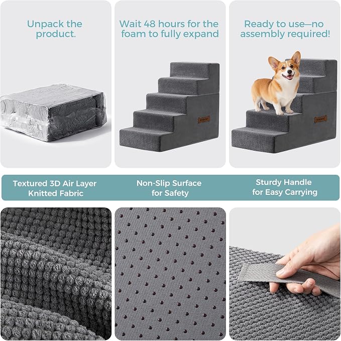 Dog Stairs, Steps and Ramp for High Bed & Sofa, 13-24" H Detachable Pet Stairs for Small Medium Dogs, Sturdy 40D Foam, Non-Slip, Washable Cover with Lint Roller, Grey