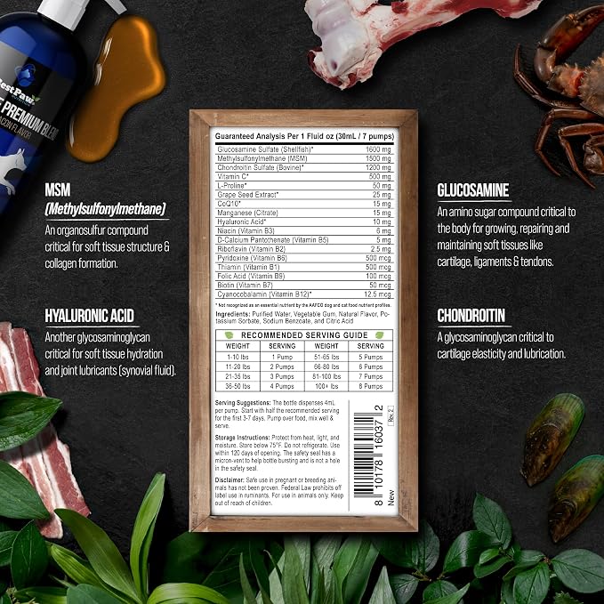 Liquid Glucosamine for Dogs | Glucosamine Chondroitin MSM with Hyaluronic Acid | Hip and Joint Supplement | Bacon Flavor | Easy Pump Food Topper | 16oz