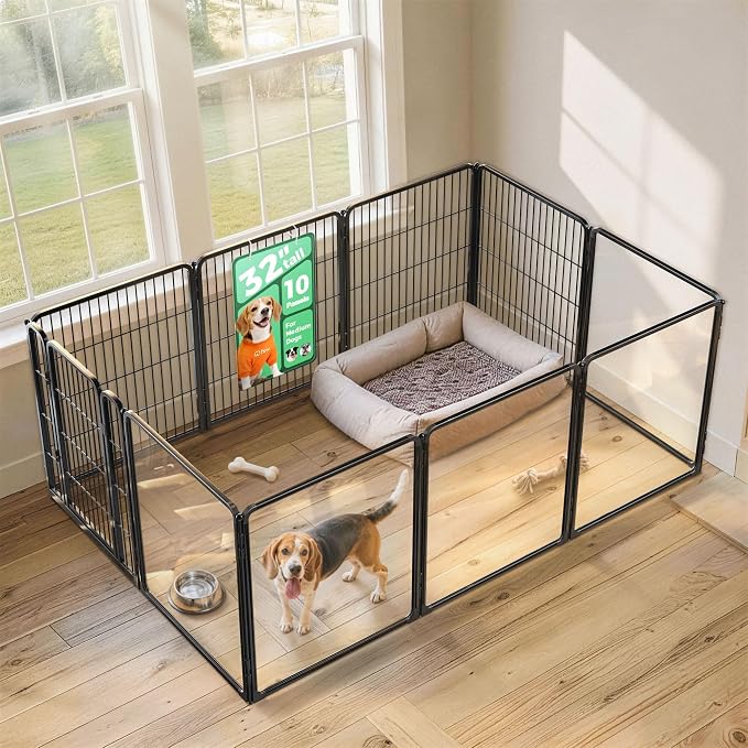 FXW AuraSpace Pro Acrylic & Wire Mesh Indoor Dog Playpen, 32" Height 10 Panels Metal Dog Pen for Small and Medium Dogs, Black│Patented
