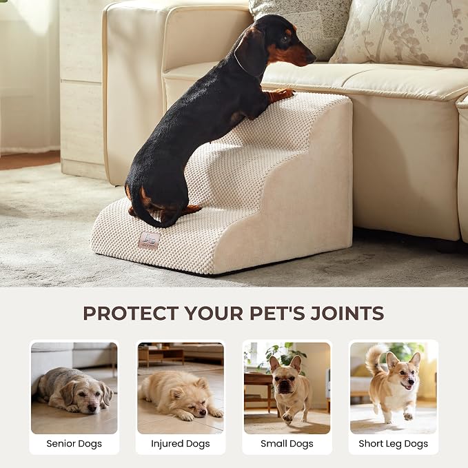 Dog Stairs for High Bed 13.5" H, 3-Step Dog Steps for Small Dogs and Cats, Pet Steps Ramp for Couch Sofa, Non-Slip Stable Indoor Pet Ladder with High Density Foam, Beige