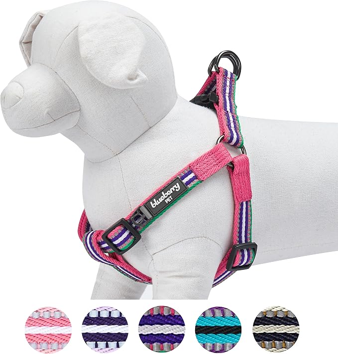 Blueberry Pet 5 Colors Step-in 3M Reflective Multi-Colored Stripe Padded Dog Harness, Chest Girth 20" - 26", Pink, Emerald & Orchid, Medium, Adjustable Harnesses for Dogs