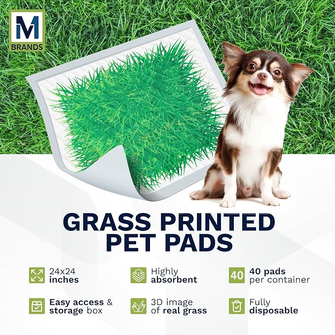 Big Dawg Pet Supplies Absorbent Puppy Pee Pads for Dogs & Cats – 24x24” Disposable Pet Pads – Handy Grab-n-Go Box – Potty Training & Housebreaking Supplies – Color, Grass – 40pc