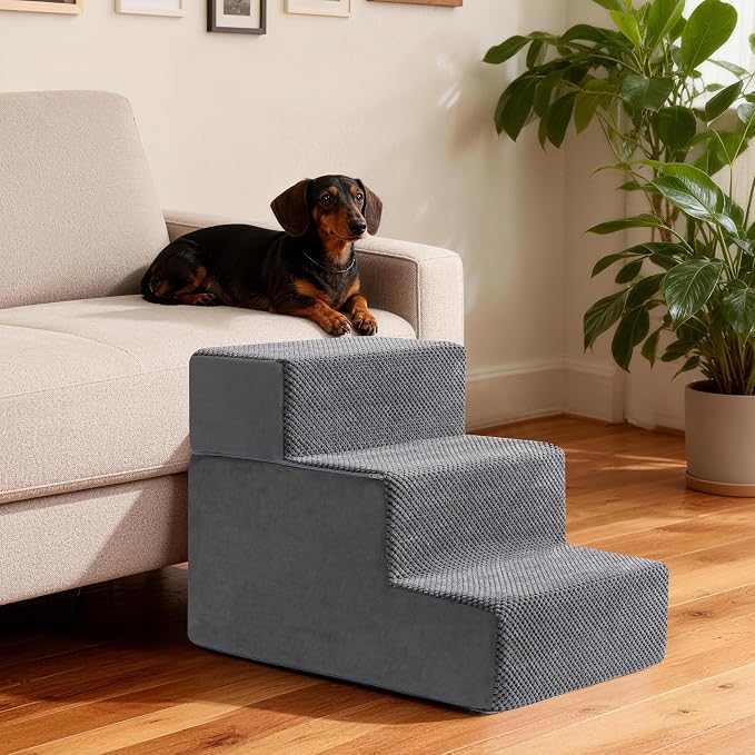 Dog Stairs, Steps and Ramp for High Bed & Sofa, 13-24" H Detachable Pet Stairs for Small Medium Dogs, Sturdy 40D Foam, Non-Slip, Washable Cover with Lint Roller, Grey
