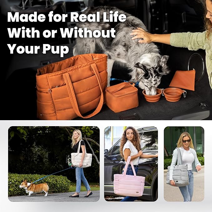 rubyloo Puffer Dog Travel Bag with Bowls & Food Storage, Khaki