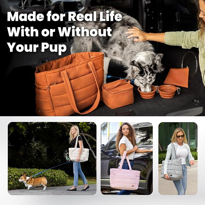 rubyloo Puffer Dog Travel Bag with Bowls & Food Storage, Beige