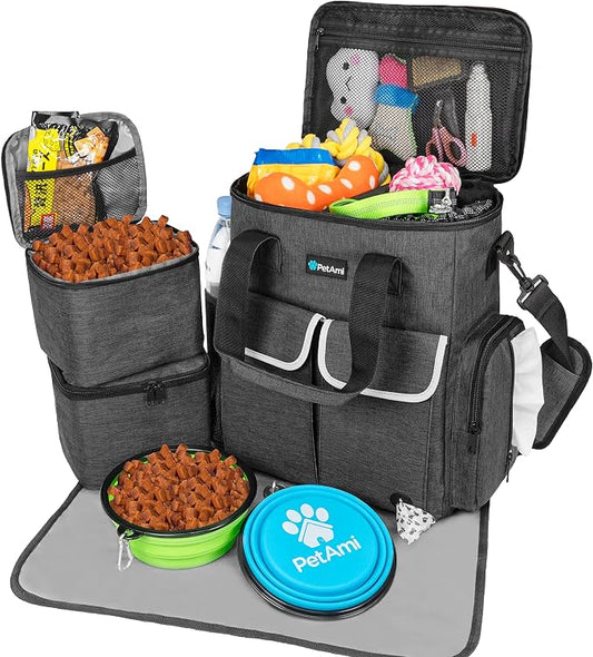 PetAmi Dog Travel Bag Organizer with Food Containers & Bowls, Dark Gray