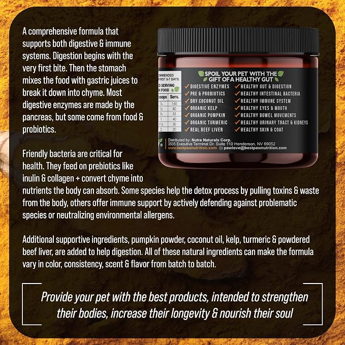 Best Paw Nutrition Probiotics for Dogs | Digestive Enzymes and Probiotics Powder | Beef Liver Flavor | Pumpkin, Turmeric and Prebiotic FOS | Gut Health Food Topper for Dogs and Cats | 6.5oz