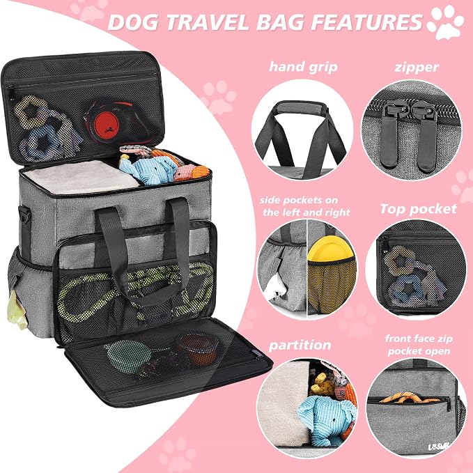 5-Set Dog Travel Bag with Food Containers, Bowls & Placemats, Grey