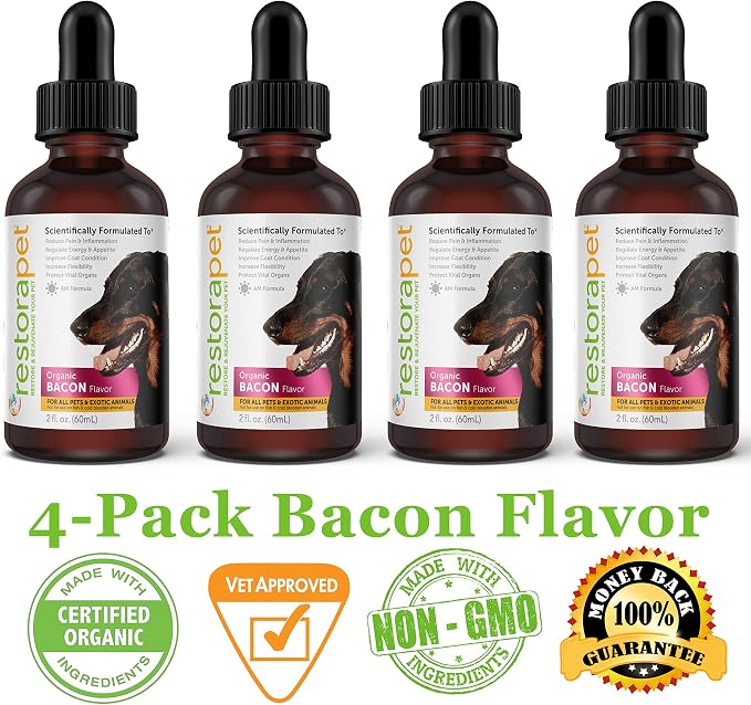 RestoraPet 4-Pack Dog & Cat Bacon Flavor Liquid Multivitamin | Arthritis Pain Relief | Hip & Joint Supplement for Dogs & Cats - Anti Inflammatory | Natural & Non-GMO, Science Backed