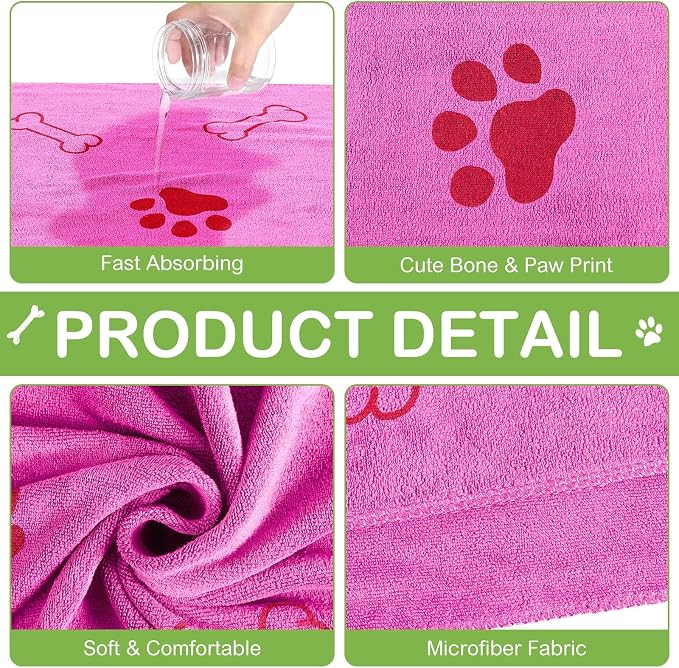 Chumia 8 Pcs Dog Towels for Drying Dogs Cats Pet Towels Bulk Puppy Microfiber Fast Drying Paw Bath Bathing Supplies Absorbent for Medium Pets(40 x 24 Inch,Dog Paw and Bone,Hot Pink,Green)