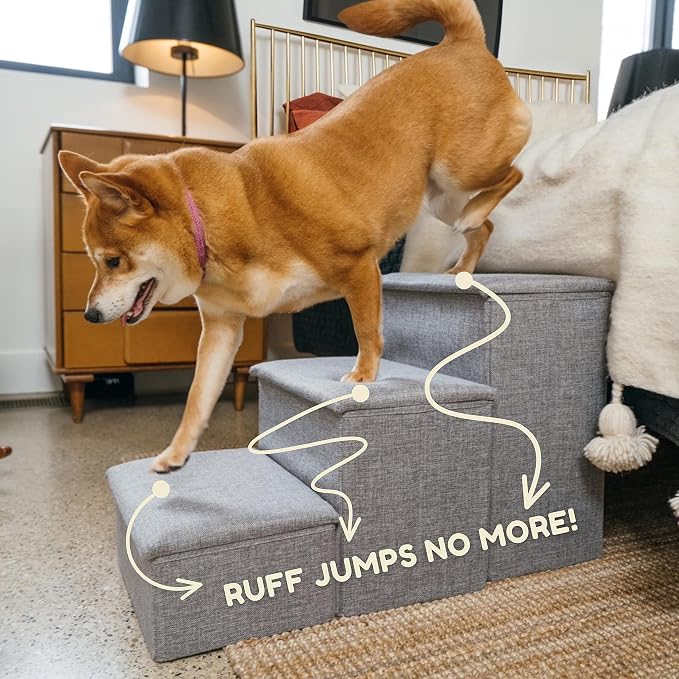 PET AWESOME Dog Stairs with Storage and Adjustable Steps for a Puppy, Small or Medium Dog