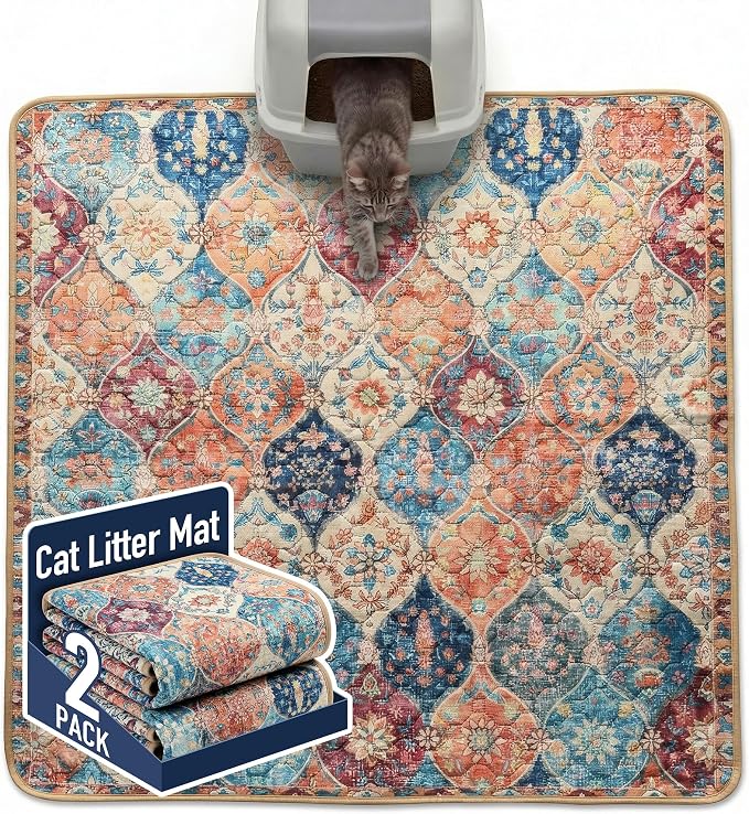 Hompet Cat Litter Mat 2 Pack, 54x54 Large Machine Washable Trapping Mats for Cats, Super Absorbent & Urine-Proof Cat Litter Box Mat for Floor, Waterproof & Non Slip Kitty Litter Rug