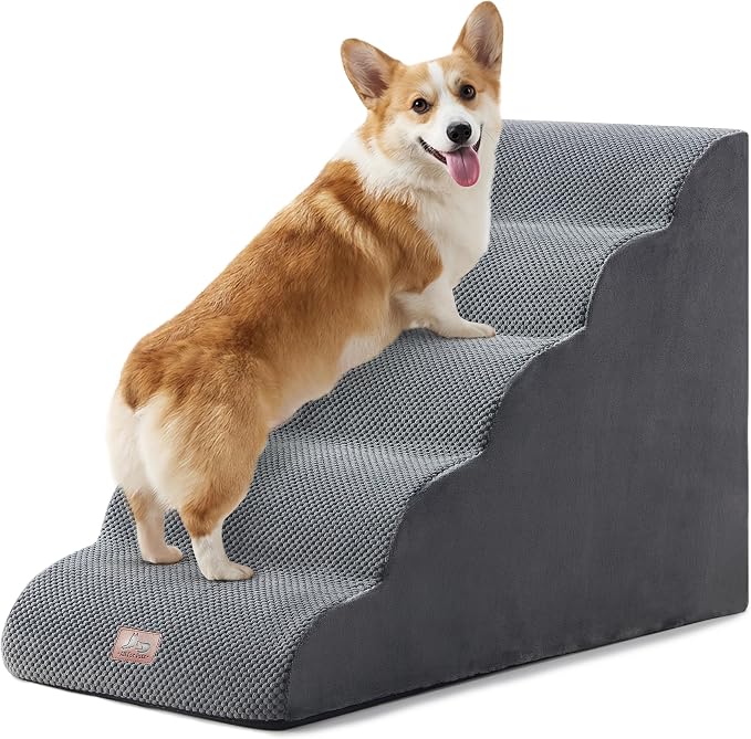 Dog Stairs for High Bed 22.6" H, 5-Step Dog Steps for Small Dogs and Cats, Pet Steps Ramp for Couch Sofa, Non-Slip Stable Indoor Pet Ladder with High Density Foam, Grey