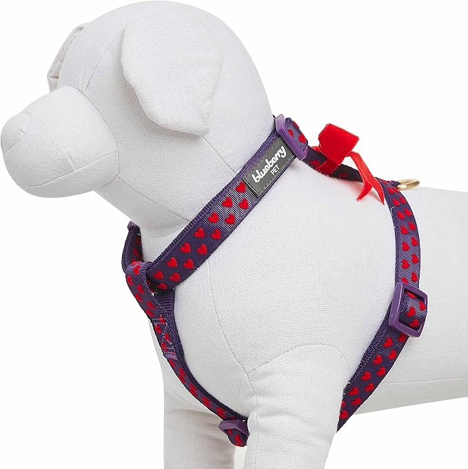 Blueberry Pet H-Shape Dog Harness Heart Flocking Valentine’s Day Adjustable Harnesses with Velvety Bowtie for Medium Dogs, Gothic Grape, Chest Girth 22" - 26.75"