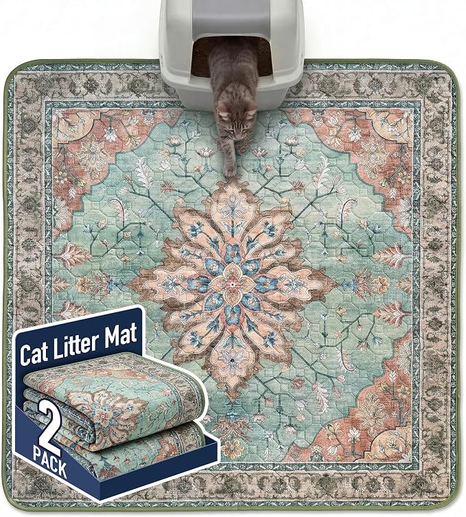 Hompet Cat Litter Mat 2 Pack, 54x54 Large Machine Washable Trapping Mats for Cats, Super Absorbent & Urine-Proof Cat Litter Box Mat for Floor, Waterproof & Non Slip Kitty Litter Rug