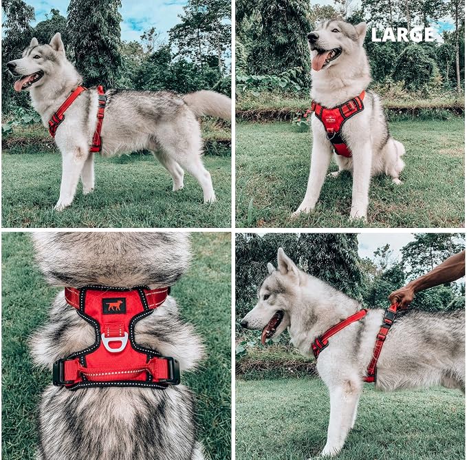 Tuff Pupper No Pull Easy Walk Dog Harness | Heavy Duty Pet Vest | Front & Back Leash Clips | Strong Safety Handle | Reflective Anti Pull Vest | Comfortable Padded Escape Proof Harness (Large, Red)